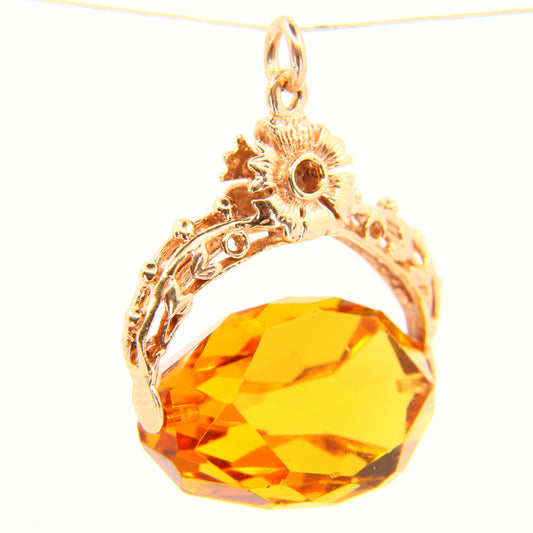 Vintage 9ct Floral Citrine Spinner Pendant Hallmarked Yellow Gold Swivel Fob Charm