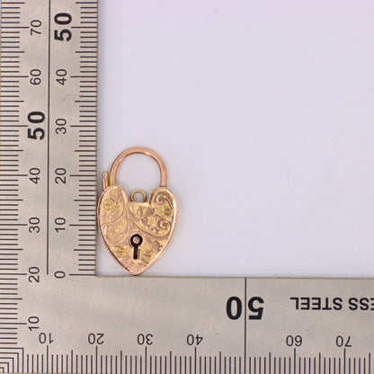 Antique 9ct Yellow Gold Floral Engraved Heart Padlock Charm Pendant Jewellery