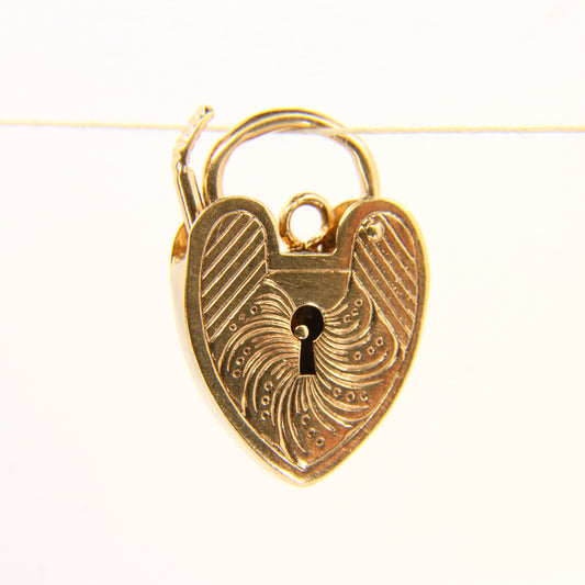 Vintage 9ct Gold Heart Lock Pendant - Engraved Solid Yellow Gold Hallmarked Charm