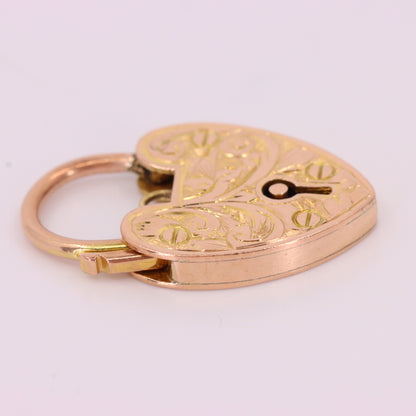 Antique 9ct Yellow Gold Floral Engraved Heart Padlock Charm Pendant Jewellery