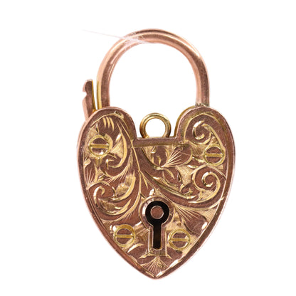 Antique 9ct Yellow Gold Floral Engraved Heart Padlock Charm Pendant Jewellery