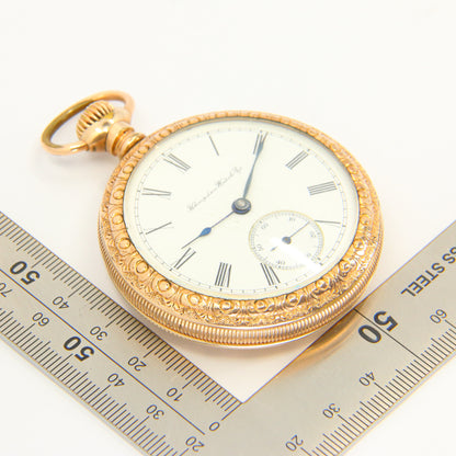 Antique 1880 Keyless Open Face Pocket Watch Hampden Watch Co Ohio Gold Plated