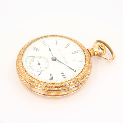 Antique 1880 Keyless Open Face Pocket Watch Hampden Watch Co Ohio Gold Plated