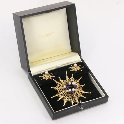 Vintage 18ct Hallmarked Stuart Devlin Jewellery Set Gold Brooch & Stud Earrings Amethyst Pearls