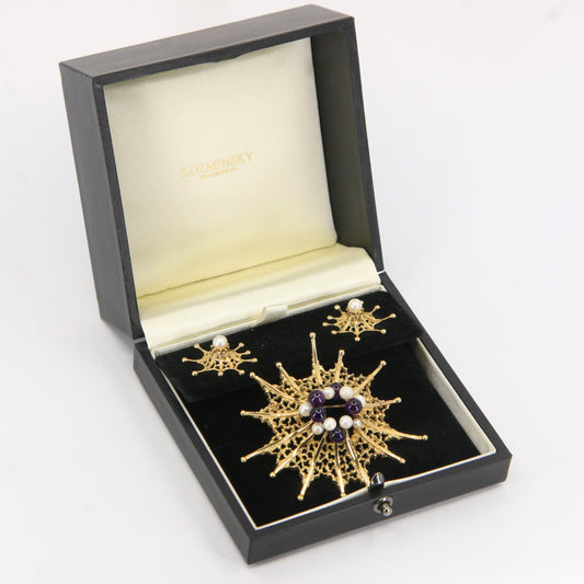 Vintage 18ct Hallmarked Stuart Devlin Jewellery Set Gold Brooch & Stud Earrings Amethyst Pearls