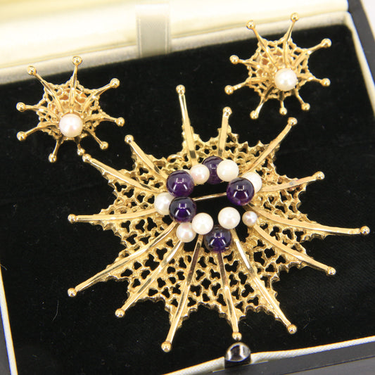 Vintage 18ct Hallmarked Stuart Devlin Jewellery Set Gold Brooch & Stud Earrings Amethyst Pearls