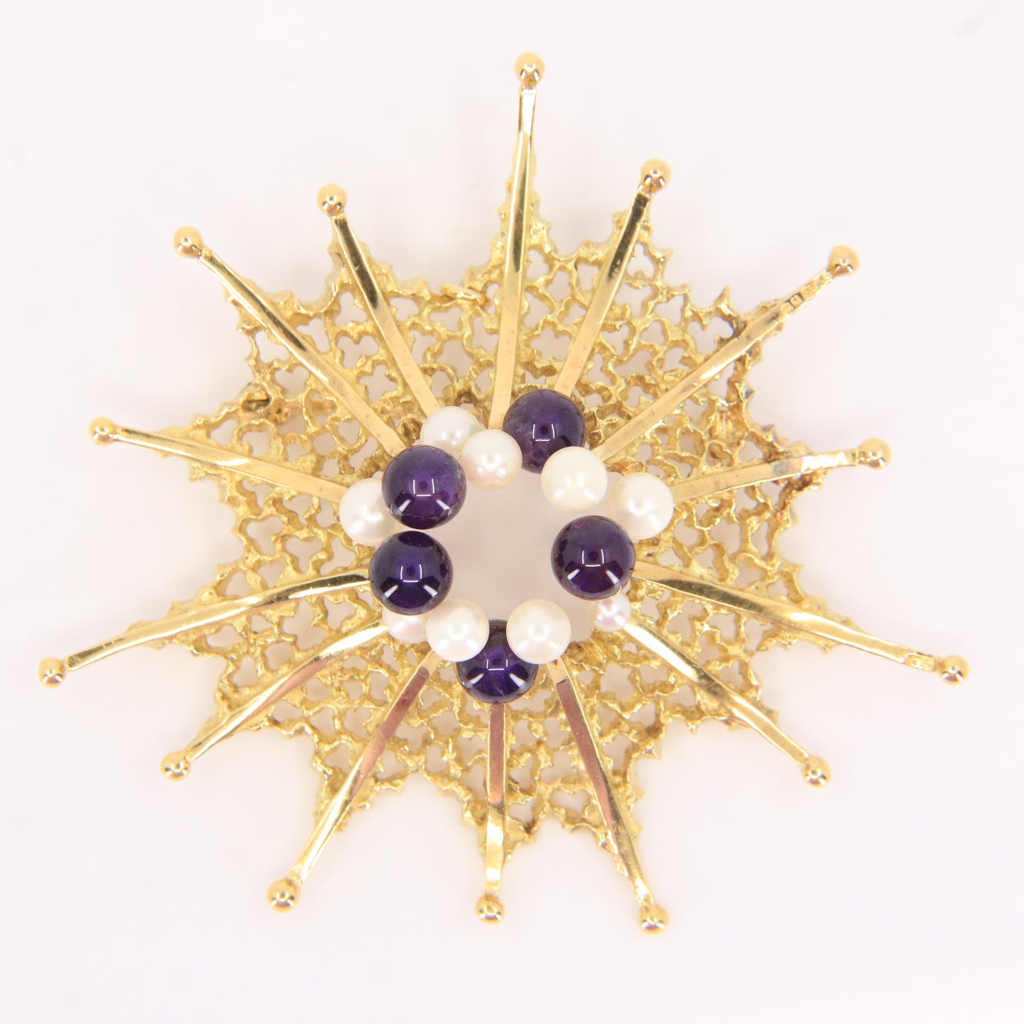 Vintage 18ct Hallmarked Stuart Devlin Jewellery Set Gold Brooch & Stud Earrings Amethyst Pearls