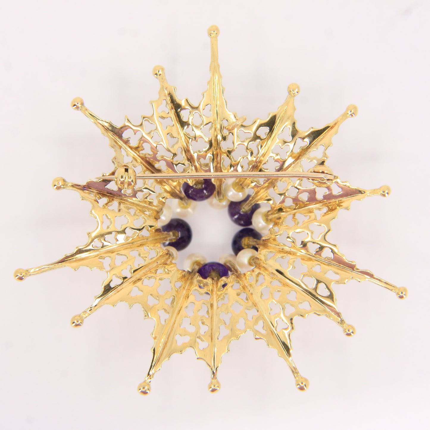 Vintage 18ct Hallmarked Stuart Devlin Jewellery Set Gold Brooch & Stud Earrings Amethyst Pearls