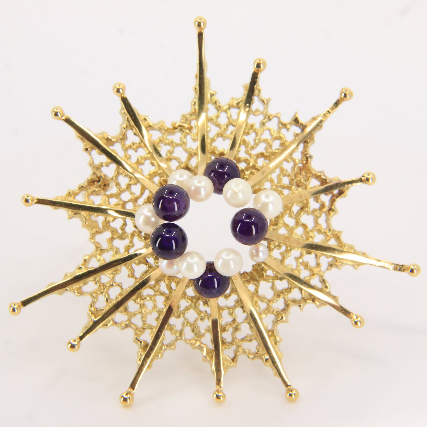 Vintage 18ct Hallmarked Stuart Devlin Jewellery Set Gold Brooch & Stud Earrings Amethyst Pearls