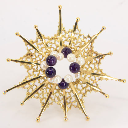 Vintage 18ct Hallmarked Stuart Devlin Jewellery Set Gold Brooch & Stud Earrings Amethyst Pearls