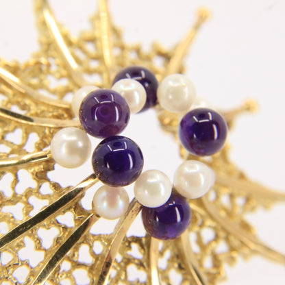 Vintage 18ct Hallmarked Stuart Devlin Jewellery Set Gold Brooch & Stud Earrings Amethyst Pearls