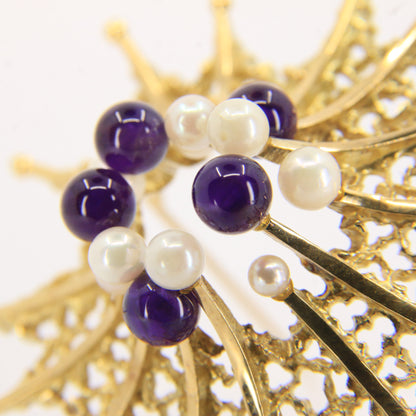 Vintage 18ct Hallmarked Stuart Devlin Jewellery Set Gold Brooch & Stud Earrings Amethyst Pearls