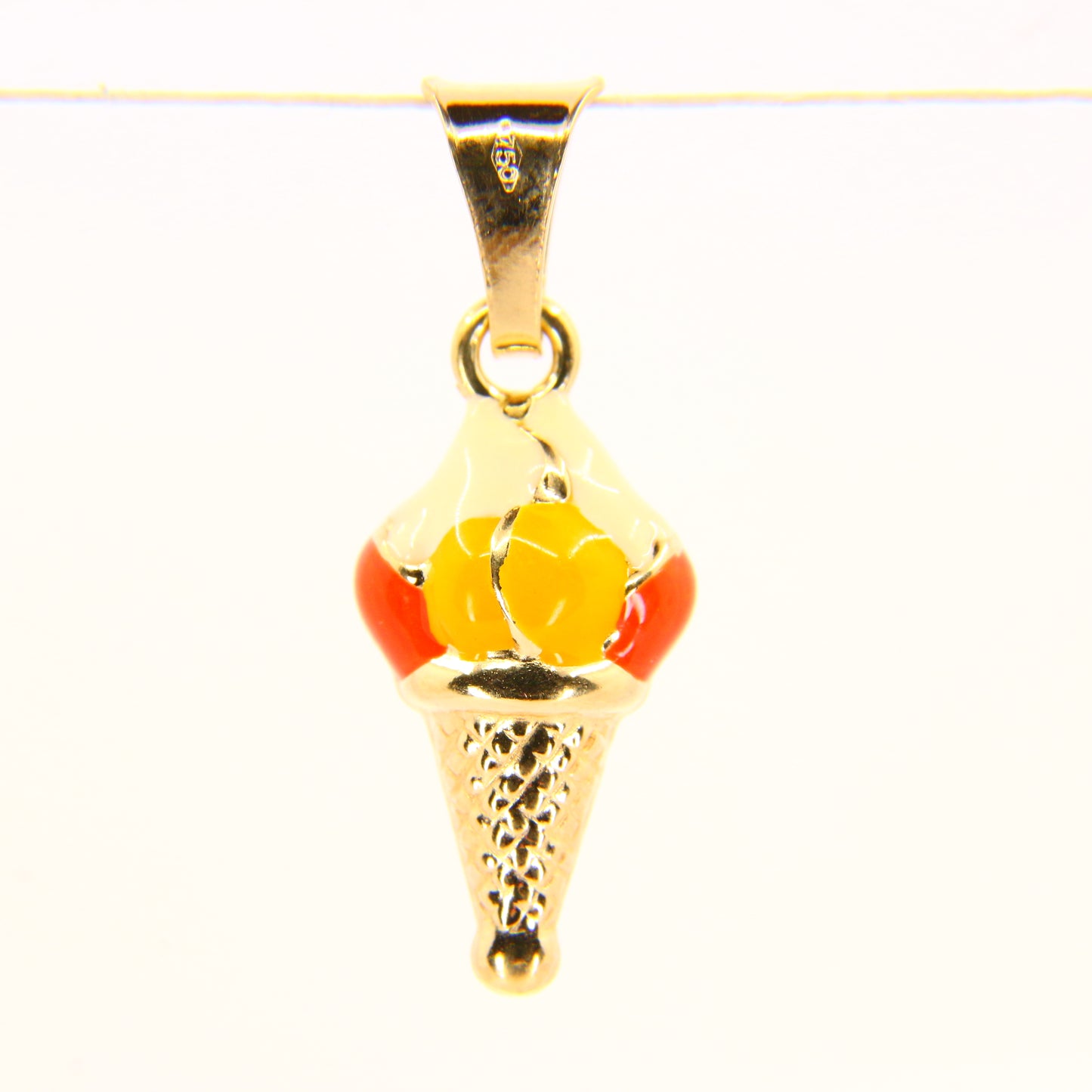 Vintage 18K Ice Cream Cone Pendant Enamel Details 18 Carat Yellow Gold Charm