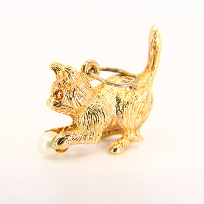 Vintage 9ct Gold Cat Charm 9 Carat Hallmarked Yellow Gold Cat with Ball Pendant