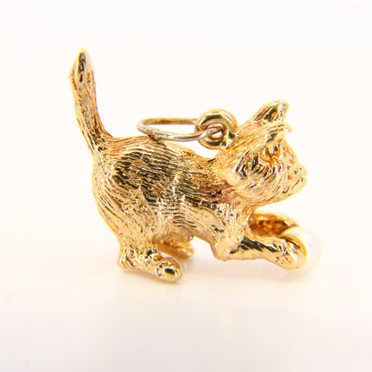 Vintage 9ct Gold Cat Charm 9 Carat Hallmarked Yellow Gold Cat with Ball Pendant