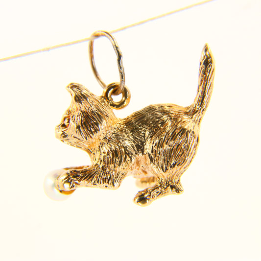 Vintage 9ct Gold Cat Charm 9 Carat Hallmarked Yellow Gold Cat with Ball Pendant