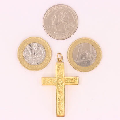 Antique 15ct Hallmarked 1903 Edwardian Gold Floral Engraved Cross Pendant Gift
