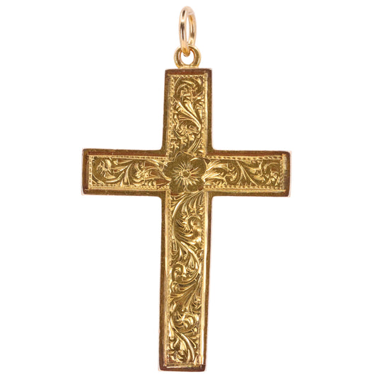 Antique 15ct Hallmarked 1903 Edwardian Gold Floral Engraved Cross Pendant Gift