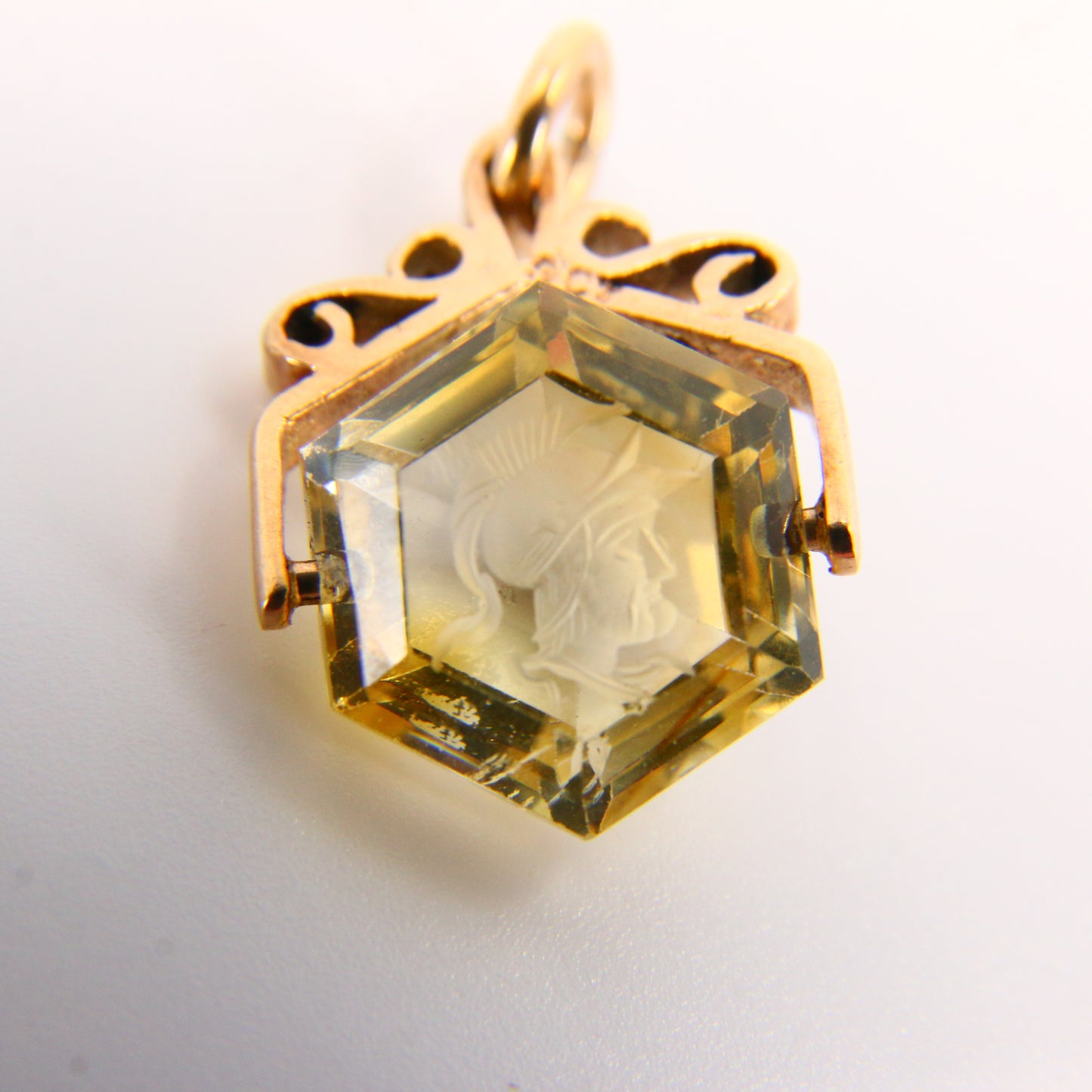 Vintage 9ct Miniature Citrine Swivel Pendant Centurion Head Yellow Gold Charm