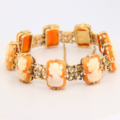 Vintage 9ct Gold Cameo Shell Bracelet Carved Figural Bust Yellow Gold