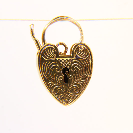 Vintage 9ct Gold Heart Lock Pendant - Engraved Solid Yellow Gold Hallmarked Charm