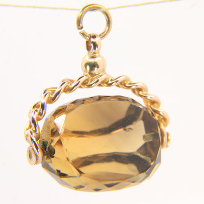 Antique 9ct Hallmarked Yellow Gold Citrine Spinner Pendant Charm Fob Faceted Cut