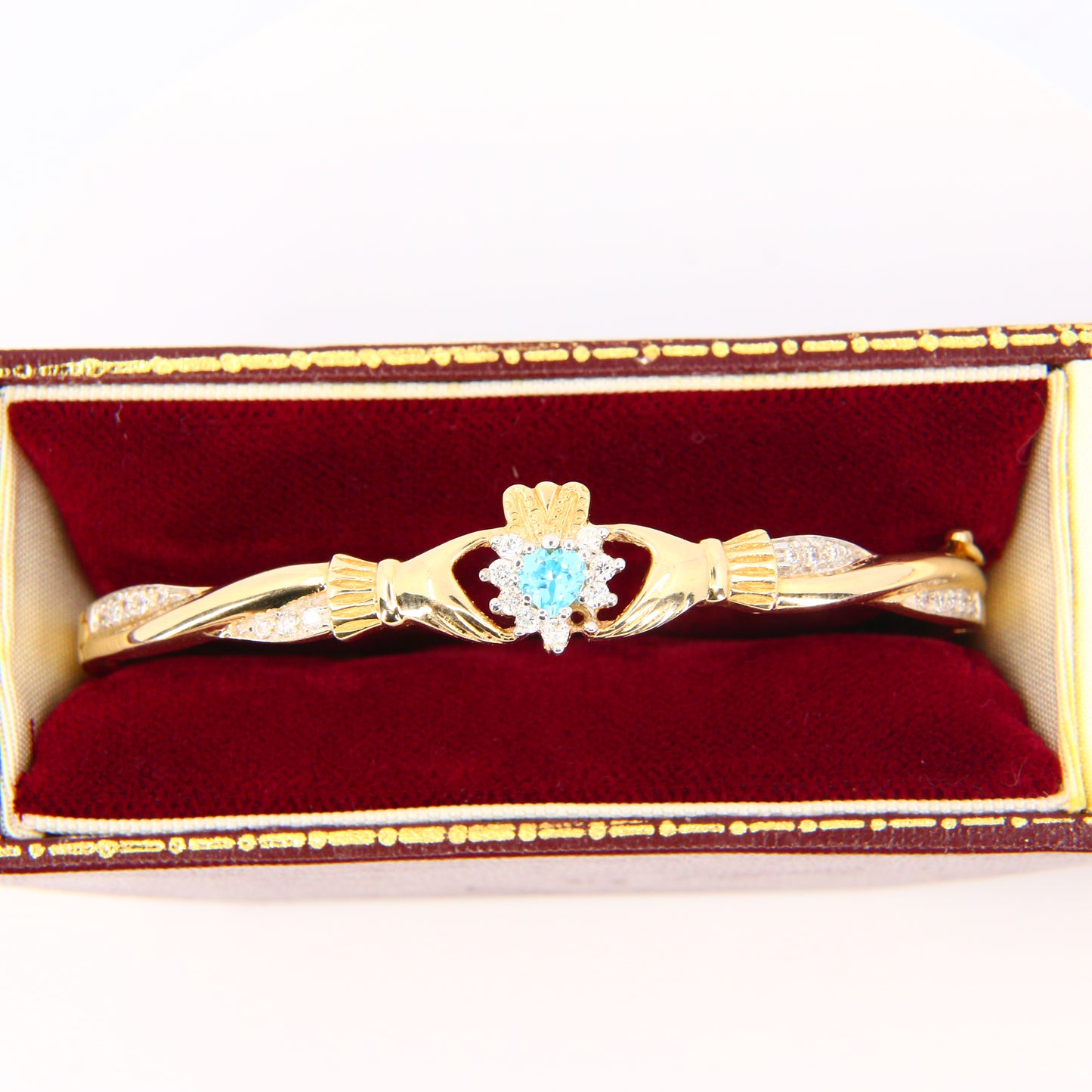 Vintage 9ct Gold Irish Claddagh Gem Set Bangel  Bracelet Hallmarked Yellow Gold Boxed