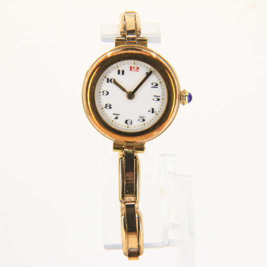 Antique Rolled Gold Ladies Wristwatch White Dial Red 12 Arabic Numerals Boxed