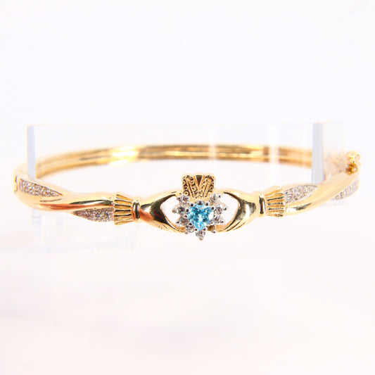 Vintage 9ct Gold Irish Claddagh Gem Set Bangel  Bracelet Hallmarked Yellow Gold Boxed