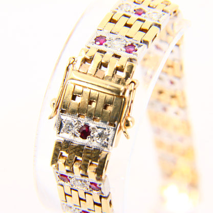 Vintage 9ct 7" Gold Bracelet Hallmarked Two Tone Gold Diamond & Ruby Boxed Gift