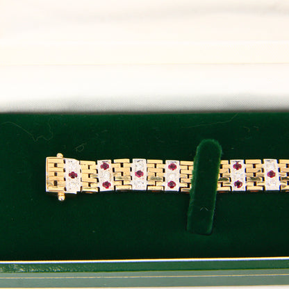 Vintage 9ct 7" Gold Bracelet Hallmarked Two Tone Gold Diamond & Ruby Boxed Gift