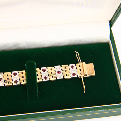 Vintage 9ct 7" Gold Bracelet Hallmarked Two Tone Gold Diamond & Ruby Boxed Gift