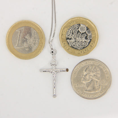 Vintage 9ct White Gold 18 Inch Curb Chain Crucifix INRI Cross Pendant Boxed Gift