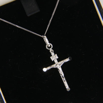 Vintage 9ct White Gold 18 Inch Curb Chain Crucifix INRI Cross Pendant Boxed Gift