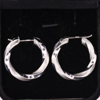 Vintage 9ct Hallmarked White Gold Twist Hoop Earrings Textured Boxed Gift