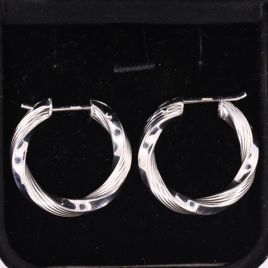Vintage 9ct Hallmarked White Gold Twist Hoop Earrings Textured Boxed Gift