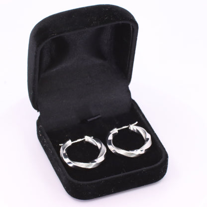 Vintage 9ct Hallmarked White Gold Twist Hoop Earrings Textured Boxed Gift