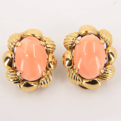 Antique 14k Yellow Gold Large Coral Clip On Earrings Optional Pierced Wear Boxed