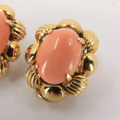 Antique 14k Yellow Gold Large Coral Clip On Earrings Optional Pierced Wear Boxed