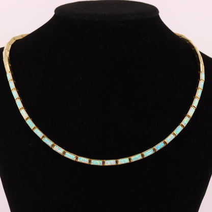 Vintage 14ct Hallmarked Yellow Gold Opal Panel Link Necklace 17.5 Inch Boxed