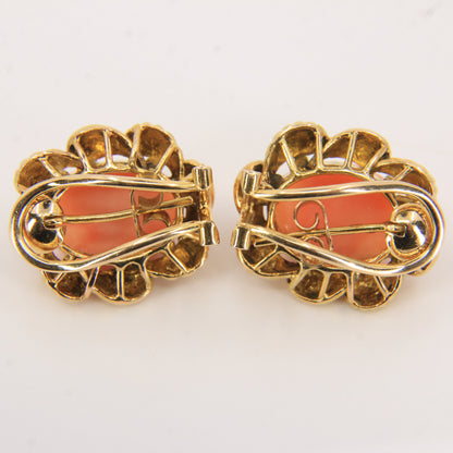 Antique 14k Yellow Gold Large Coral Clip On Earrings Optional Pierced Wear Boxed