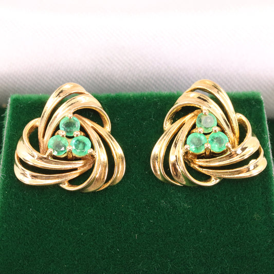 Vintage 9ct Hallmarked Yellow Gold Emerald Knot Stud Earrings Boxed Gift