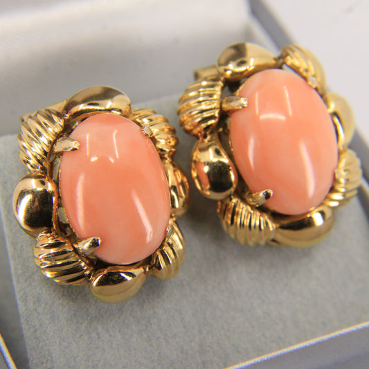 Antique 14k Yellow Gold Large Coral Clip On Earrings Optional Pierced Wear Boxed