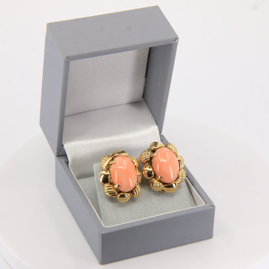 Antique 14k Yellow Gold Large Coral Clip On Earrings Optional Pierced Wear Boxed