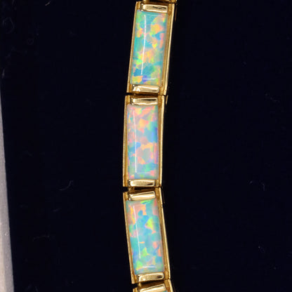 Vintage 14ct Hallmarked Yellow Gold Opal Panel Link Necklace 17.5 Inch Boxed