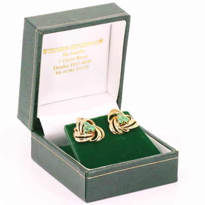 Vintage 9ct Hallmarked Yellow Gold Emerald Knot Stud Earrings Boxed Gift