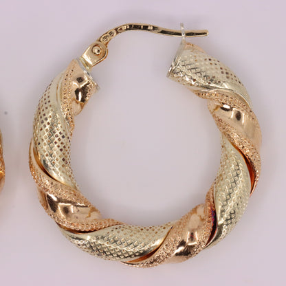Vintage 9ct Hallmarked Two Tone Gold Twist Hoop Earrings Italian Boxed Gift