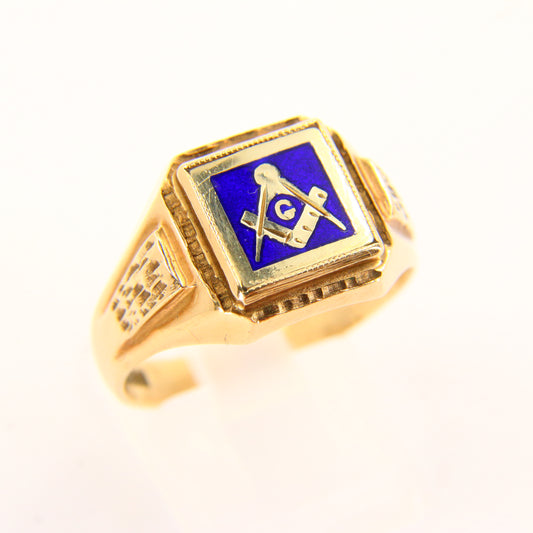 Vintage 9ct Gold Masonic Ring – Blue Enamel – UK T½ – Hallmarked Solid Gold