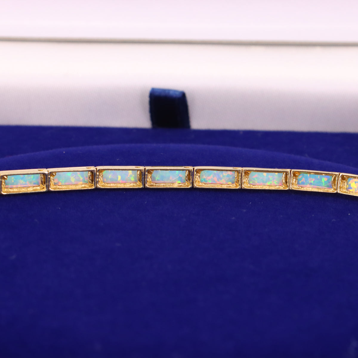 Vintage 14ct Hallmarked Yellow Gold Opal Panel Link Necklace 17.5 Inch Boxed