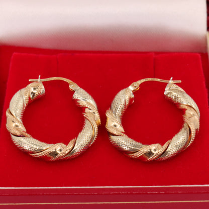 Vintage 9ct Hallmarked Two Tone Gold Twist Hoop Earrings Italian Boxed Gift